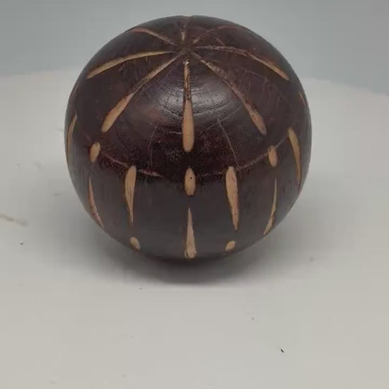 Retro wooden handcarved ball, decorative decor item, rich wood grain, vintage 70s vibe
