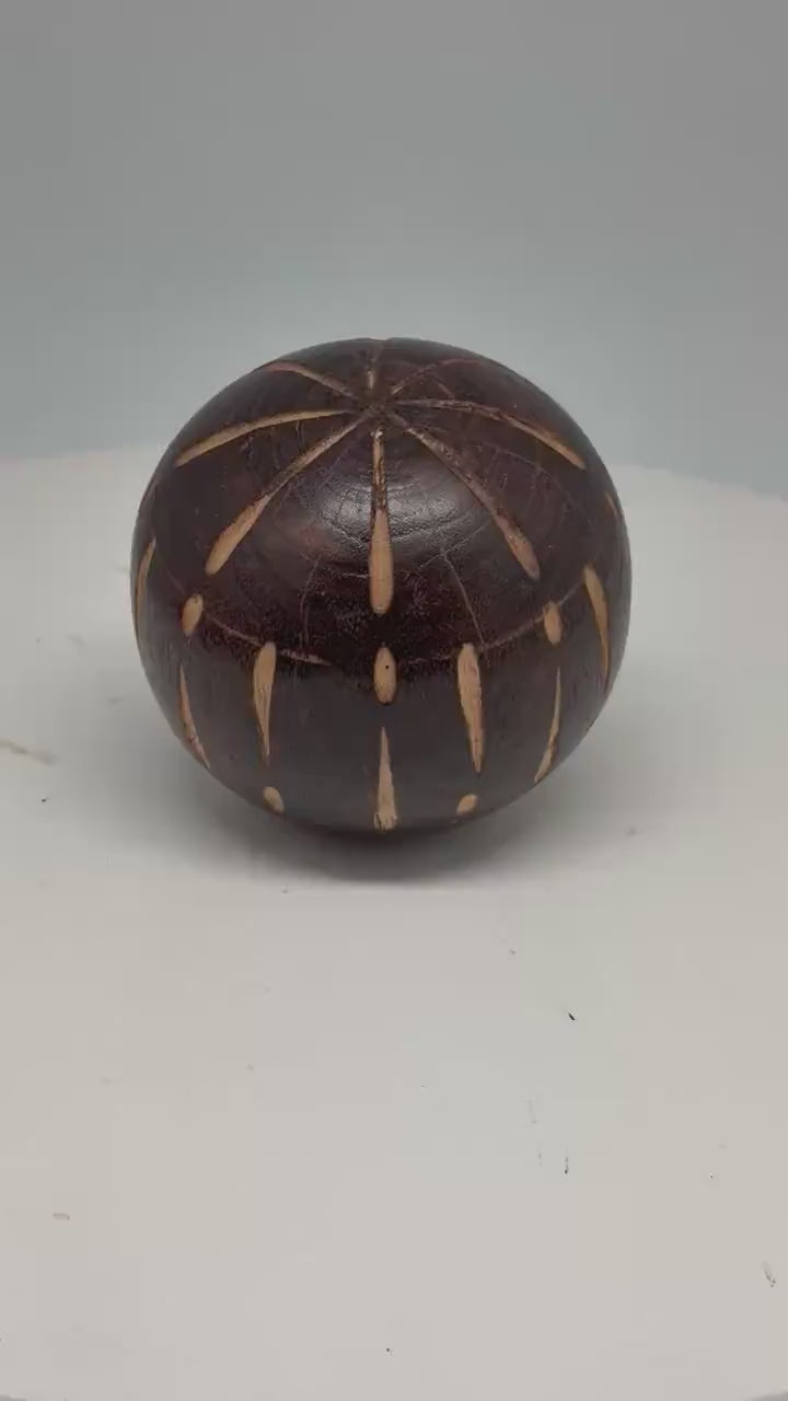 Retro wooden handcarved ball, decorative decor item, rich wood grain, vintage 70s vibe