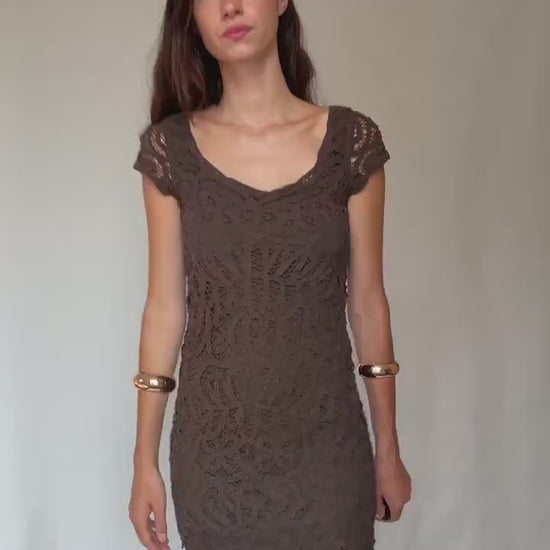 Brown lace mini dress – sheer crochet overlay – Sexy women’s party dress (S fit)