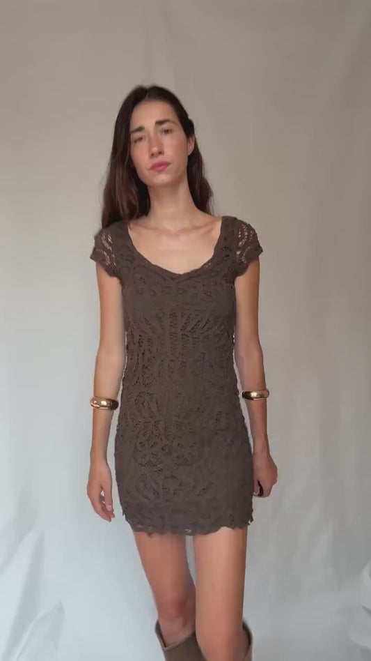 Brown lace mini dress – sheer crochet overlay – Sexy women’s party dress (S fit)