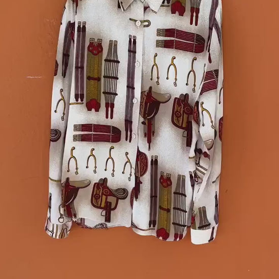 Vintage unique horse riding themed shirt, Chique club blouse, El Corte Ingles vintage woman oxford top, Horse lover birthday gift