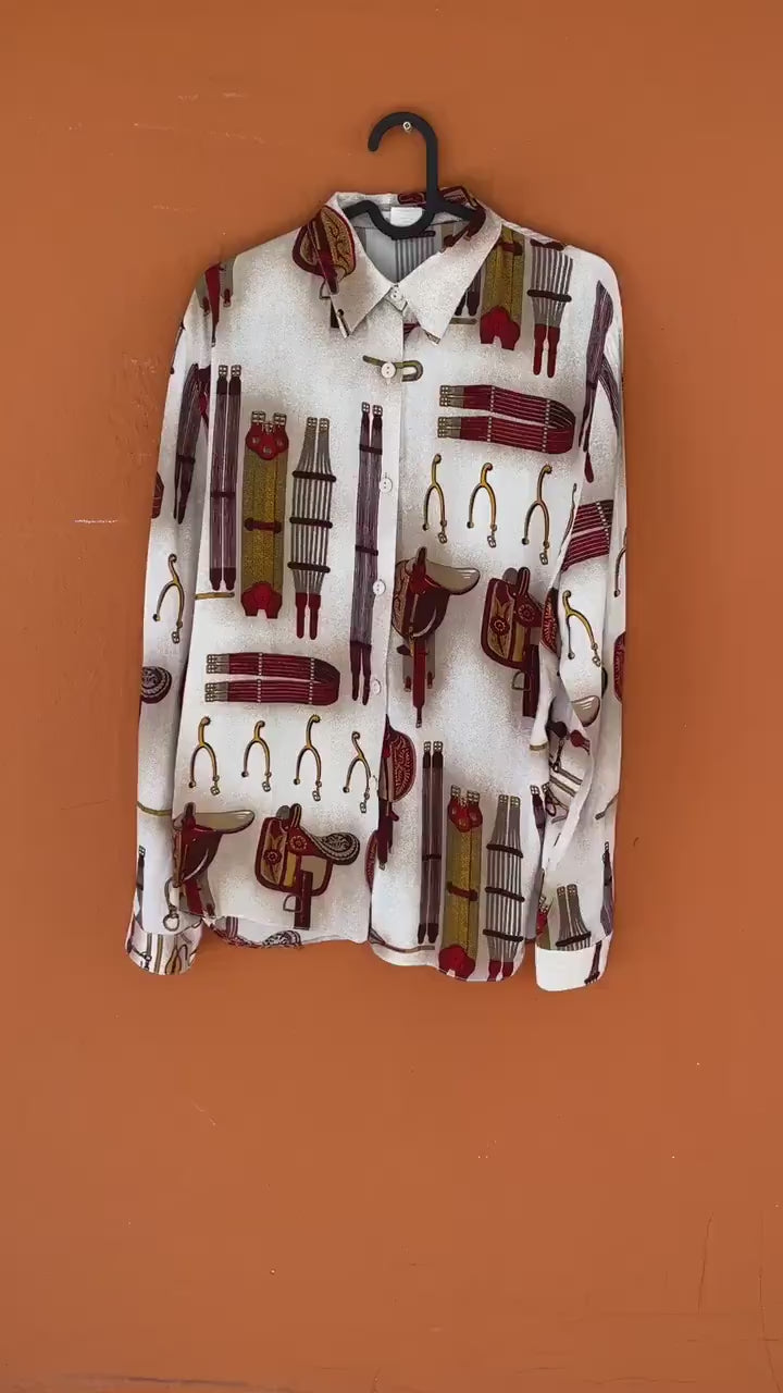 Vintage unique horse riding themed shirt, Chique club blouse, El Corte Ingles vintage woman oxford top, Horse lover birthday gift