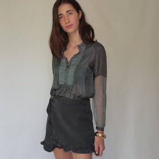 Sheer silk blouse with mixed floral and check pattern – See through luxury long sleeve airy shirt, Size M-L