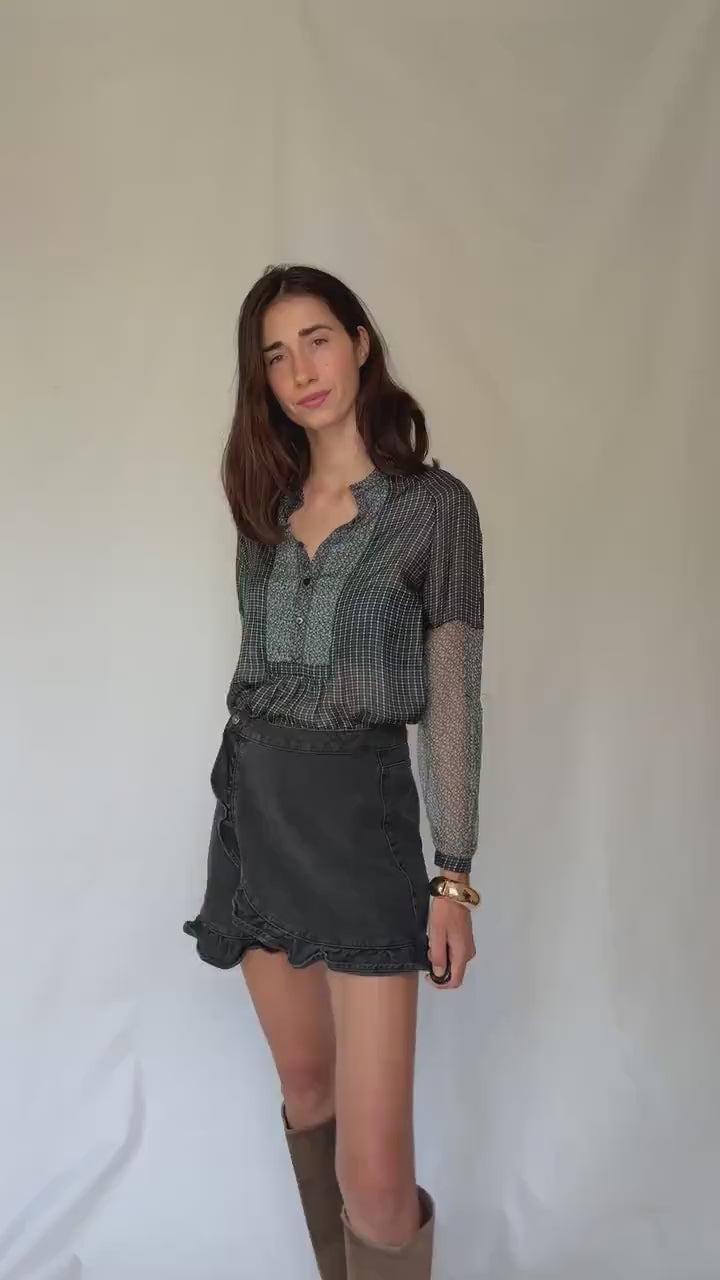 Sheer silk blouse with mixed floral and check pattern – See through luxury long sleeve airy shirt, Size M-L