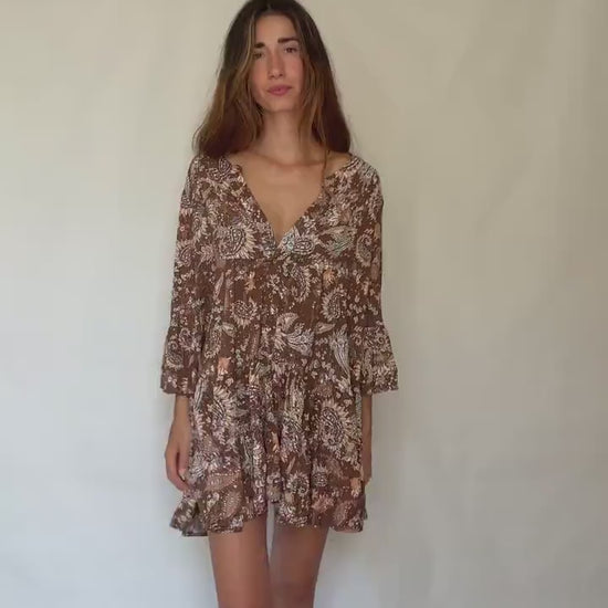 Desert Bloom Mini Dress – Vintage Boho Gold Threaded Floral summer wear(M/L)