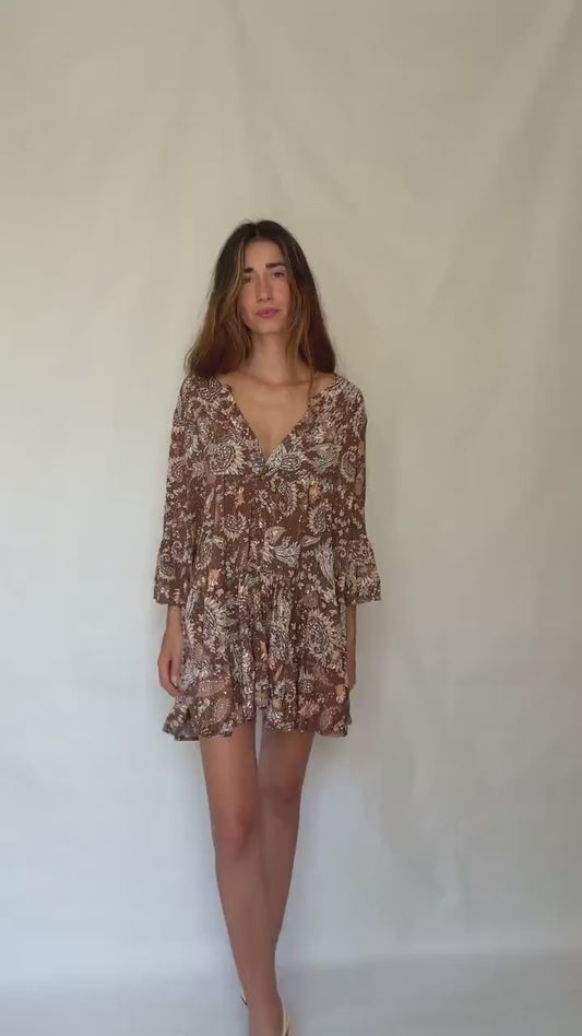 Desert Bloom Mini Dress – Vintage Boho Gold Threaded Floral summer wear(M/L)