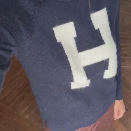 Vintage tommy hilfiger jumper - h letter logo navy blue preppy knit - college style sweater, size m