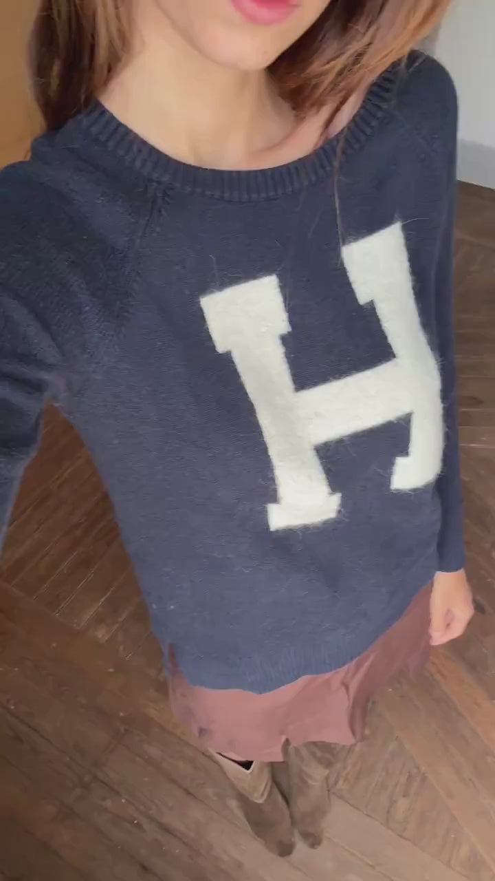 Vintage tommy hilfiger jumper - h letter logo navy blue preppy knit - college style sweater, size m