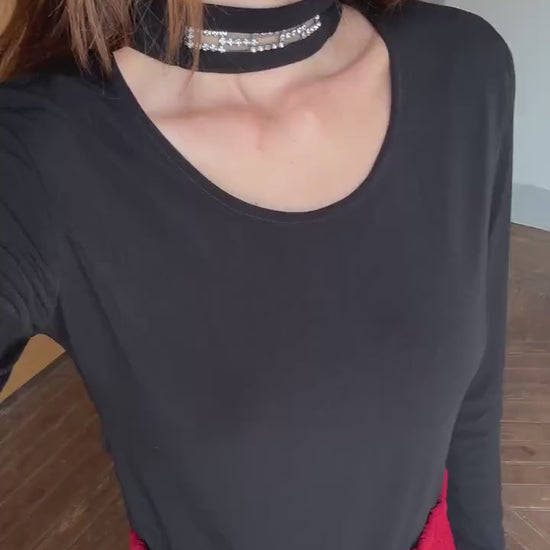 Y2K Vera Finzzi Paris Black Top, Vintage Choker Strap Blouse, Made in France, S/M