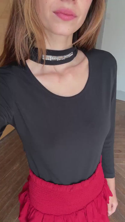 Y2K Vera Finzzi Paris Black Top, Vintage Choker Strap Blouse, Made in France, S/M