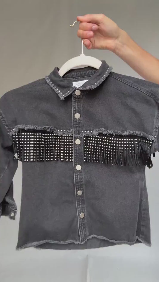 black denim kids jacket, studded tassle fringe, retro 90s punk vibe, streetwear kids style
