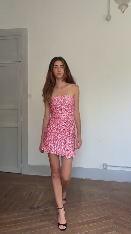 Manoush Y2K Kiss Print Mini Dress | 00s Strapless Pink Lipstick Dress | Ruffle Hem Party Dress | Size FR 36 / UK 8 / US 4