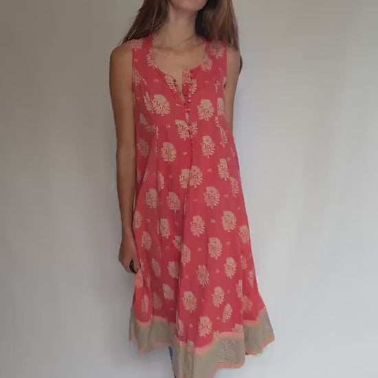Fabindia sleeveless cotton midi dress – coral floral print – size S slim fit – boho summer dress in breathable fabric