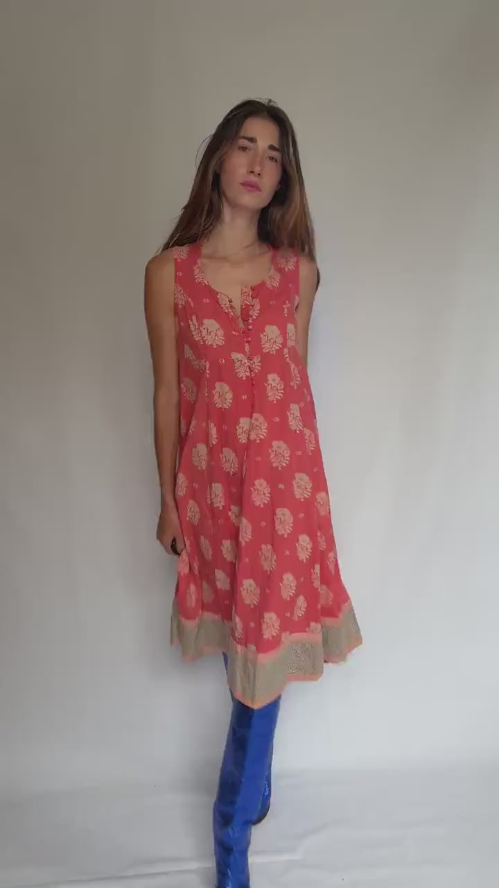 Fabindia sleeveless cotton midi dress – coral floral print – size S slim fit – boho summer dress in breathable fabric