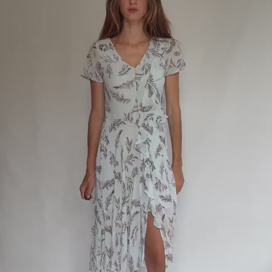 Maison Derhy light blue summer ruffle dress with slit – romantic maxi for wedding guest or dinner, viscose & cotton, size S