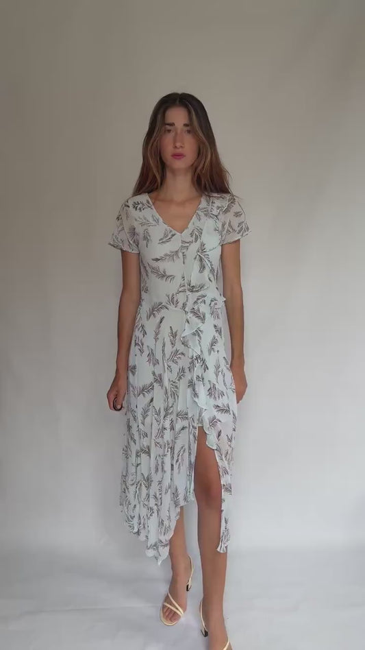 Maison Derhy light blue summer ruffle dress with slit – romantic maxi for wedding guest or dinner, viscose & cotton, size S