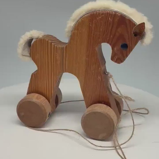 Vintage wooden playhorse, handmade rolling toy, waldorf play, natural recycled material, collectible