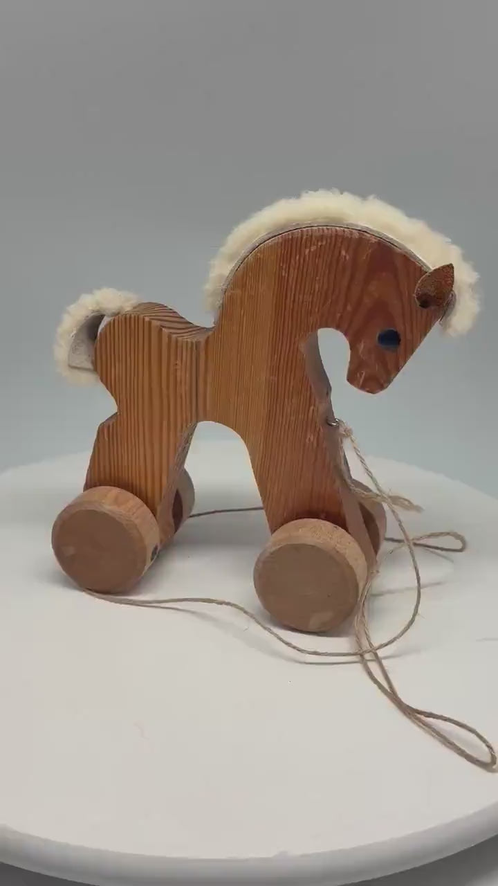 Vintage wooden playhorse, handmade rolling toy, waldorf play, natural recycled material, collectible