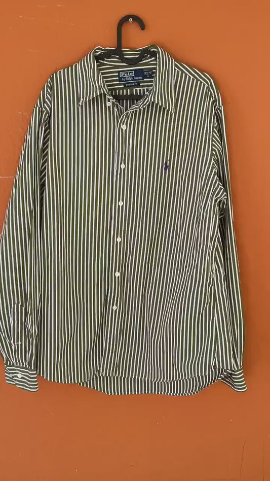 Classic green and white striped Polo by Ralph Lauren Oxford shirt Size L. Smart button up, Preppy designer blouse