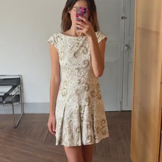 Vintage white embroidered fit and flare summer mini dress with cap sleeves and swirl floral pattern cotton elastane blend