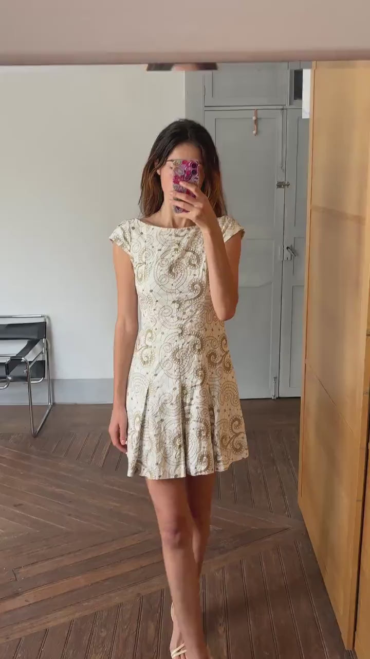 Vintage white embroidered fit and flare summer mini dress with cap sleeves and swirl floral pattern cotton elastane blend