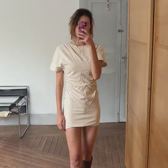 Modern mini dress with open back twisted rope detail earthy neutral summer look, Size S