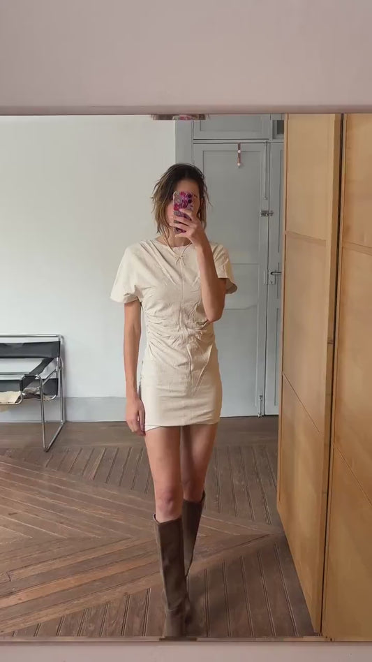 Modern mini dress with open back twisted rope detail earthy neutral summer look, Size S