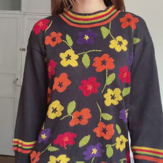 Vintage  Floral Knit Sweater | Bold Colorful Print Free Size 80s Boho Cozy Knit