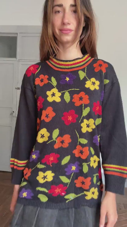 Vintage  Floral Knit Sweater | Bold Colorful Print Free Size 80s Boho Cozy Knit