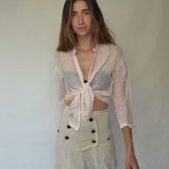 Sheer striped sparkly blouse with gold glitter threads, beach cover or tie-front top, fits like US M-L