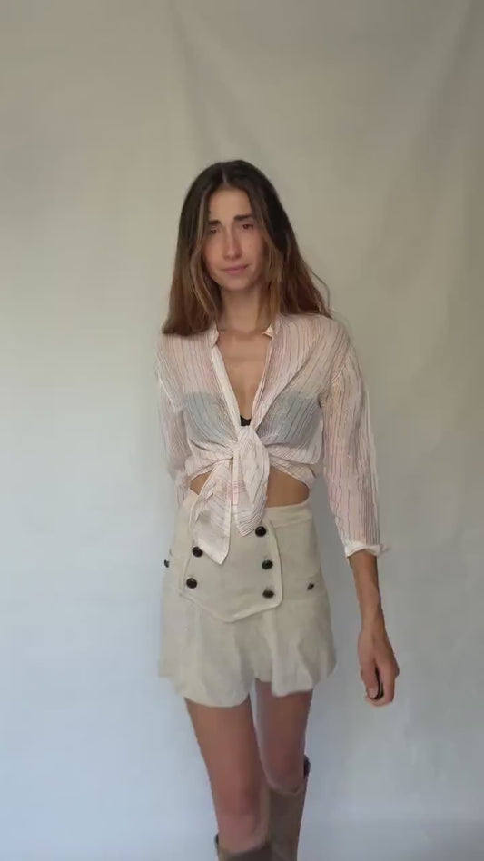 Sheer striped sparkly blouse with gold glitter threads, beach cover or tie-front top, fits like US M-L