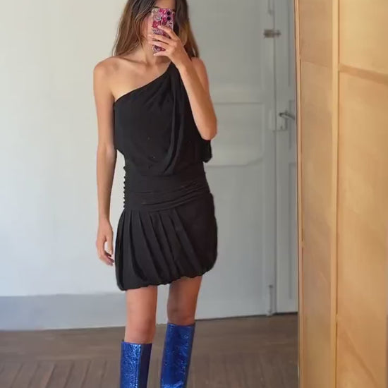 Gorgeous black one - shoulder mini dress, Luxe Vintage 100% silk black short dres, Luxury designer clothing, size 40