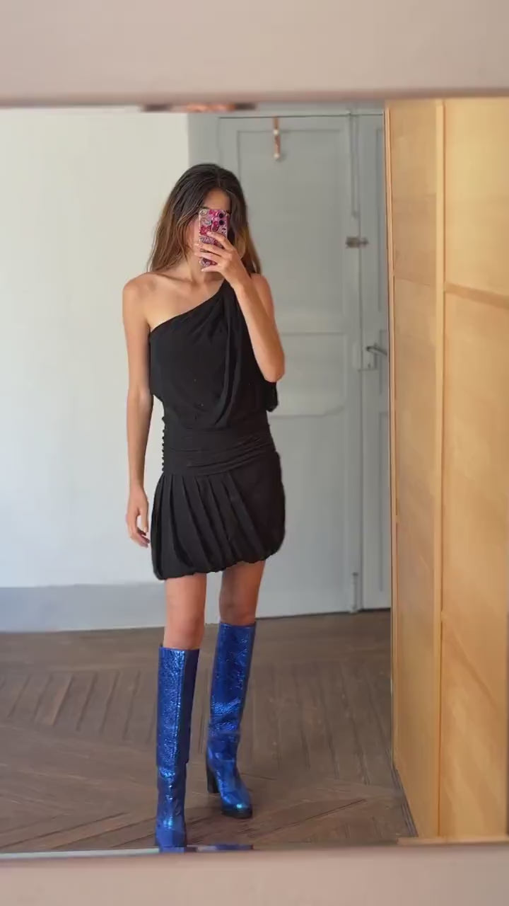 Gorgeous black one - shoulder mini dress, Luxe Vintage 100% silk black short dres, Luxury designer clothing, size 40