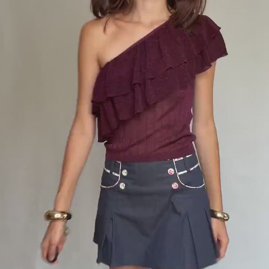 Vintage burgundy one shoulder top, asymmetrical cut, M, evening wear