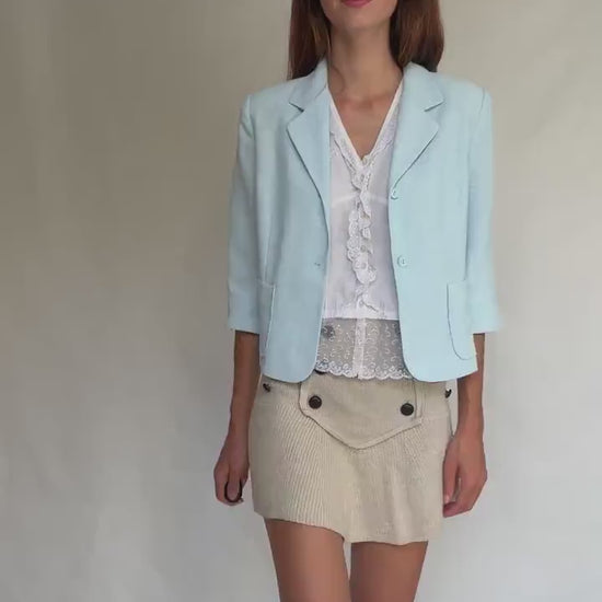 Vintage light blue fitted blazer – cropped tailored jacket with 3/4 sleeves – size 42 elegant pastel layer - Made in Spain