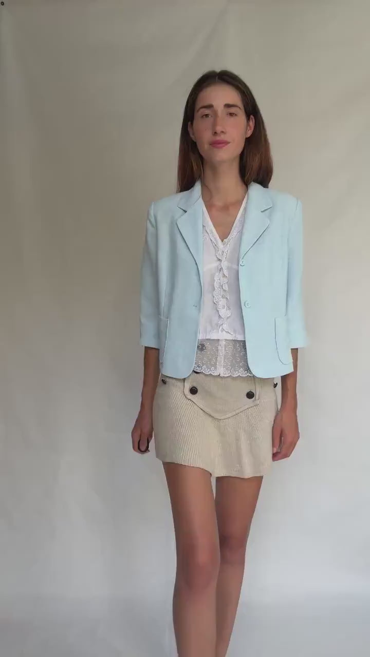 Vintage light blue fitted blazer – cropped tailored jacket with 3/4 sleeves – size 42 elegant pastel layer - Made in Spain