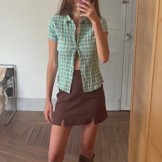 Vintage 90s Crinkle Button Up Shirt – Fitted Colorful Checkered Top | Y2K Grid Blouse