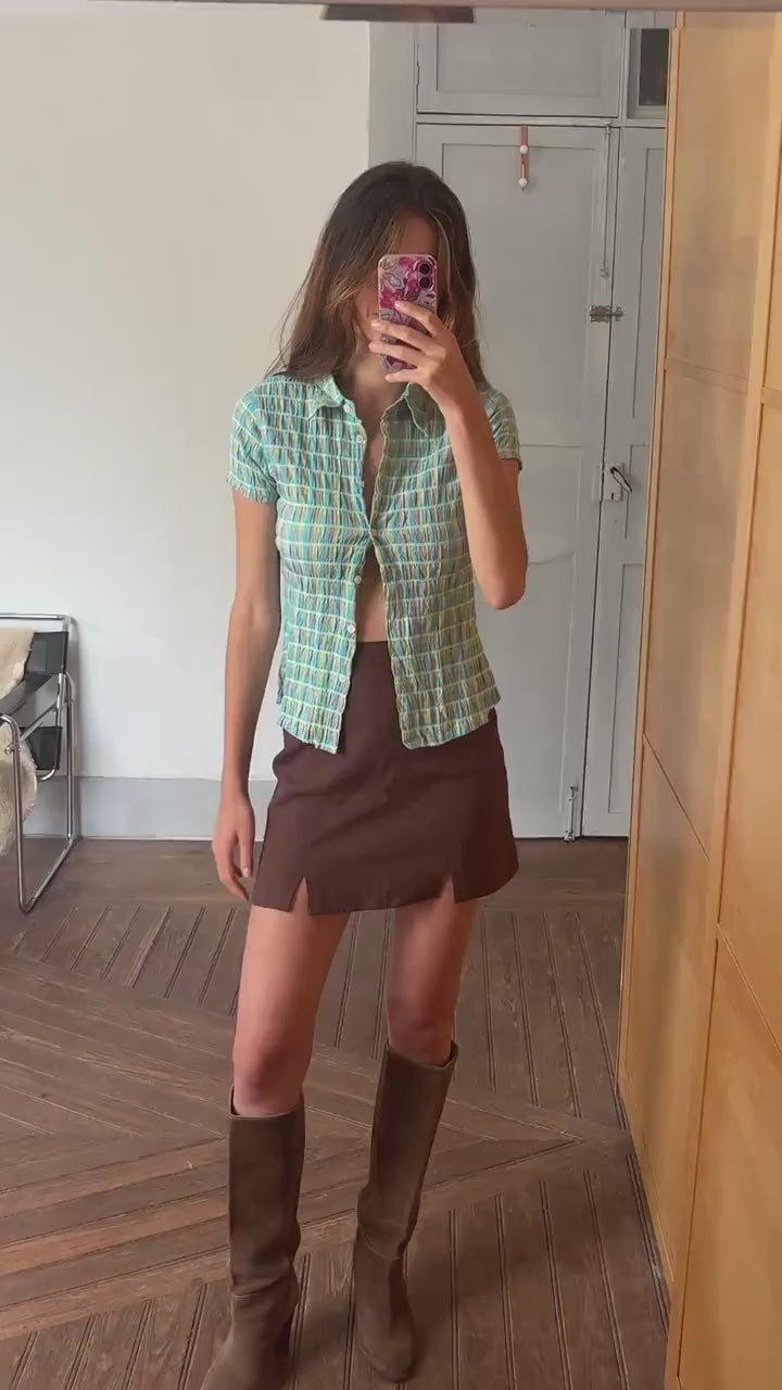 Vintage 90s Crinkle Button Up Shirt – Fitted Colorful Checkered Top | Y2K Grid Blouse