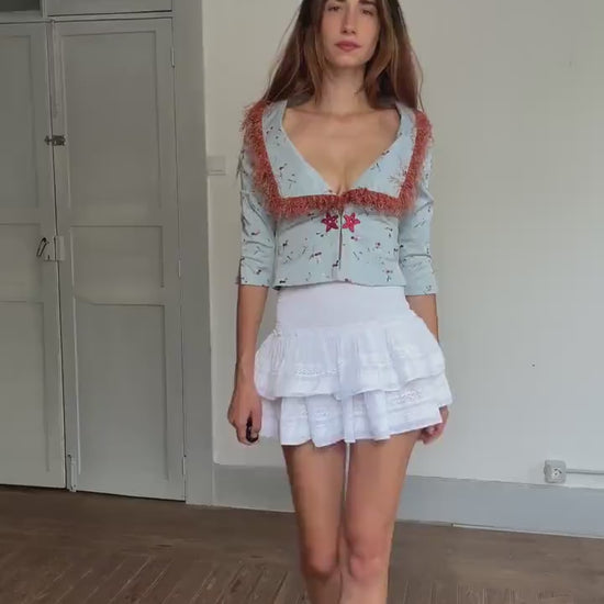 Rare Ogadenia Díaz baby blue cropped jacket with floral embroidery & rust trim – likely silk – fits XS-S – Canary Islands couture