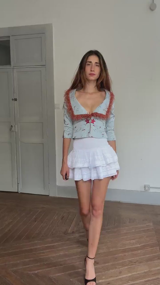 Rare Ogadenia Díaz baby blue cropped jacket with floral embroidery & rust trim – likely silk – fits XS-S – Canary Islands couture