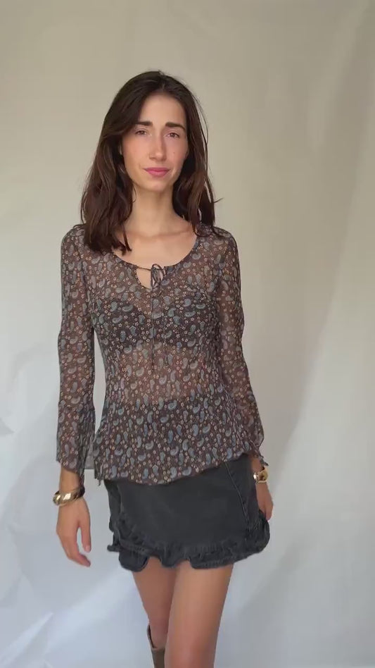 Sheer brown paisley floral blouse | 100% viscose long sleeve tie front top, 90s boho indie style, Made in Spain romantic shirt