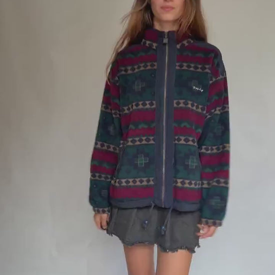 Retro Randy Fleece Jacket | Vintage Aztec Pattern Zip-Up | Cozy Unisex Ski Lodge Style, Size L