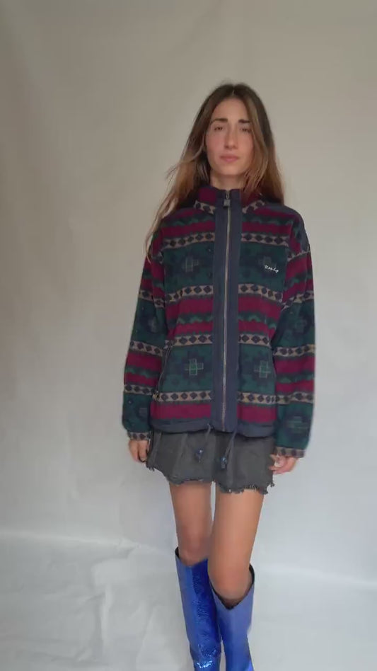 Retro Randy Fleece Jacket | Vintage Aztec Pattern Zip-Up | Cozy Unisex Ski Lodge Style, Size L