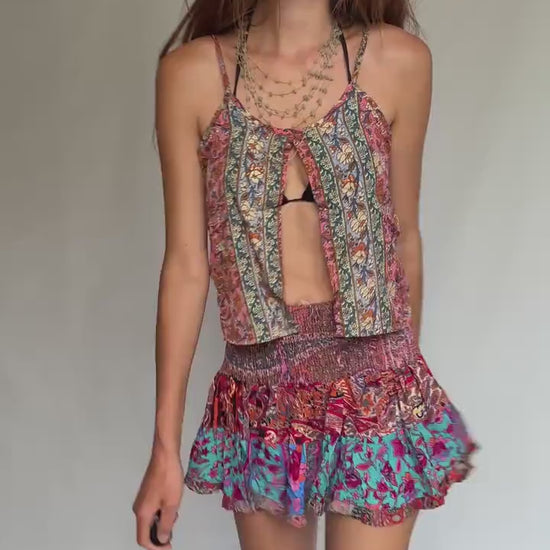 Boho Silk Ruffle Mini Skirt • Festival Girlcore • french european girl Style Size : XXS - XS