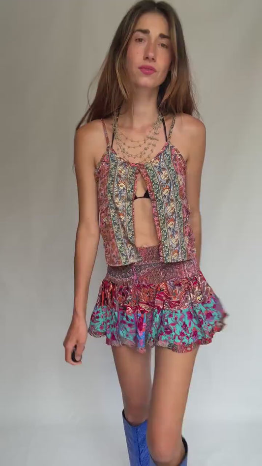 Boho Silk Ruffle Mini Skirt • Festival Girlcore • french european girl Style Size : XXS - XS