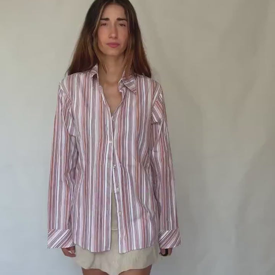 Hugo Boss men’s striped US XL cotton button-up shirt – red brown and white vertical stripe long sleeve classic preppy smart casual