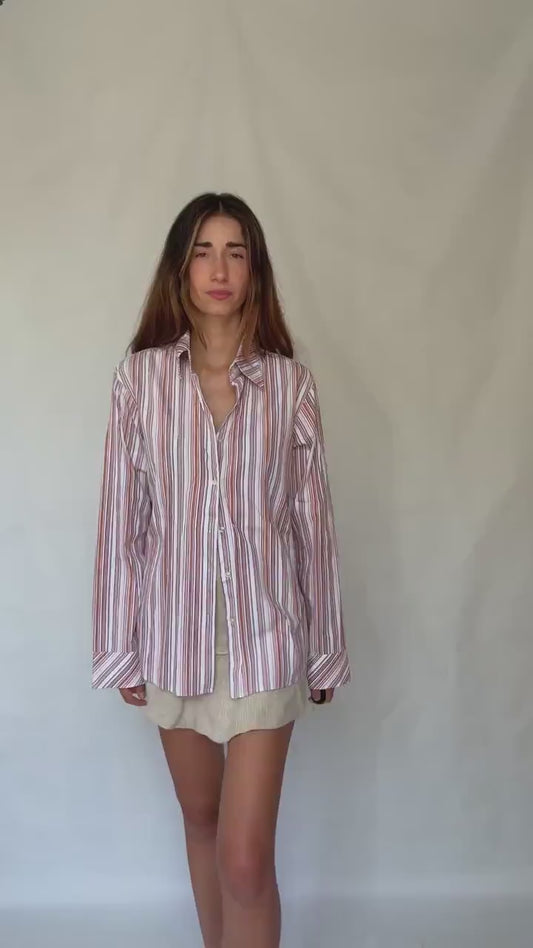 Hugo Boss men’s striped US XL cotton button-up shirt – red brown and white vertical stripe long sleeve classic preppy smart casual