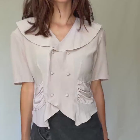 Vintage Delphi of London blouse – pale mauve double-breasted top with sailor collar UK size M