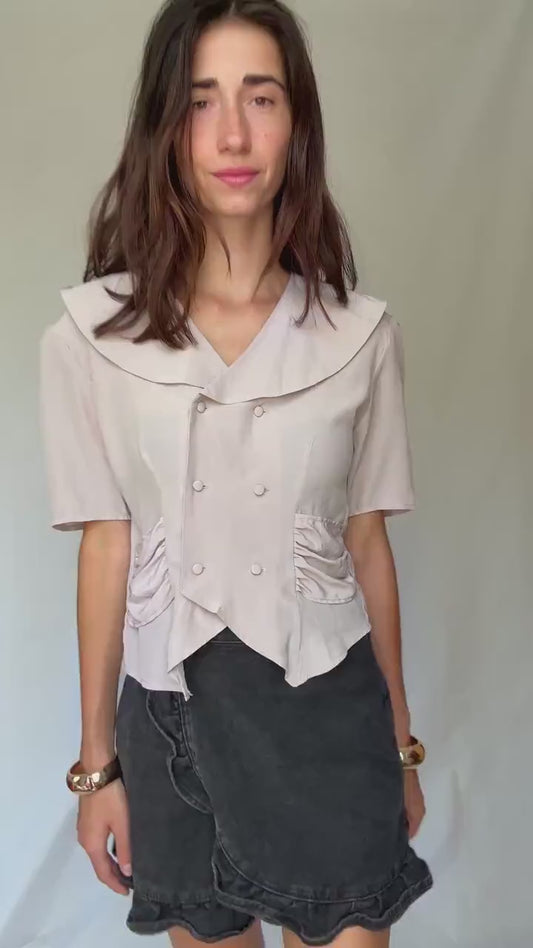 Vintage Delphi of London blouse – pale mauve double-breasted top with sailor collar UK size M