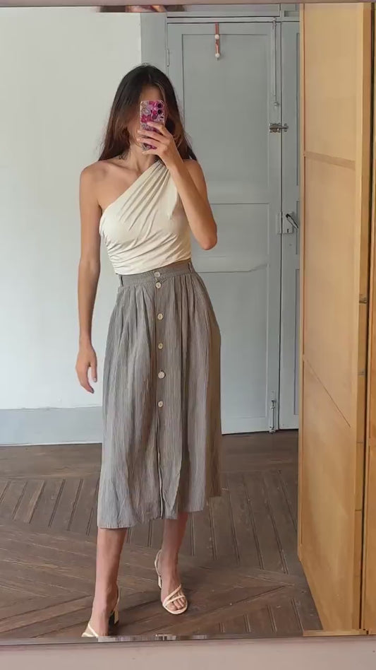 Vintage linen skirt, cottagecore aesthetic soft neutral skirt, viscose blend midi, romantic vintage style flowy striepd skirt, size d44 - 2x